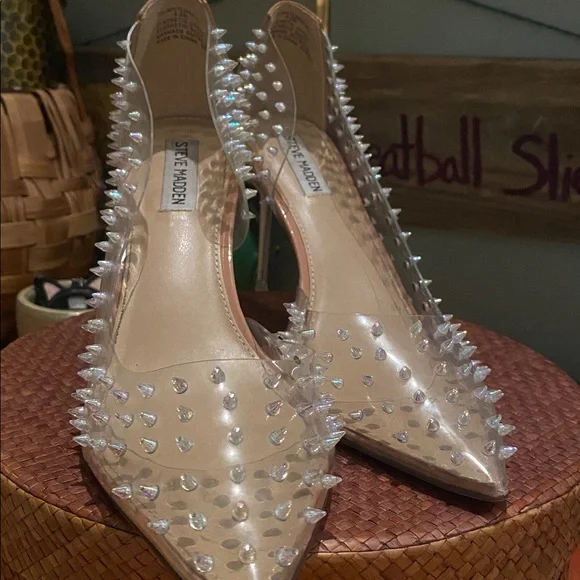 Steve Madden Tolima Clear Ecru High Heel Womens Size 9.5M Pumps Silver Studded - Picture 8 of 16